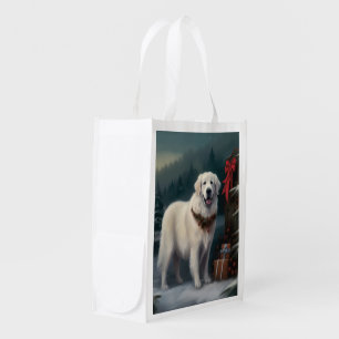 Great Pyrenees Dog in Snow Christmas Grocery Bag
