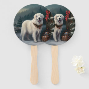 Great Pyrenees Dog in Snow Christmas Hand Fan