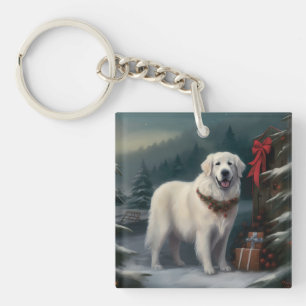 Great Pyrenees Dog in Snow Christmas Keychain