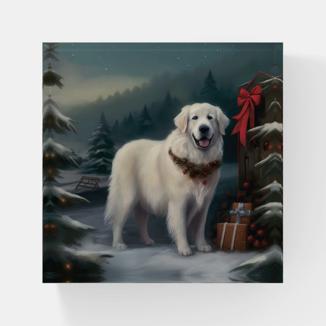 Great Pyrenees Dog in Snow Christmas Paperweight (Front)