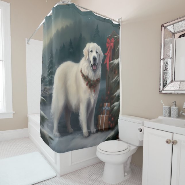 Great Pyrenees Dog in Snow Christmas Shower Curtain (In Situ)