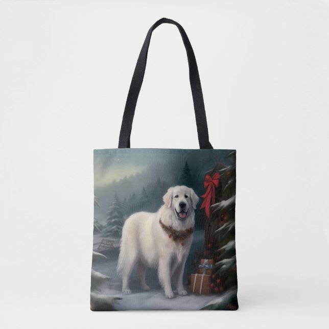 Great Pyrenees Dog in Snow Christmas Tote Bag (Front)