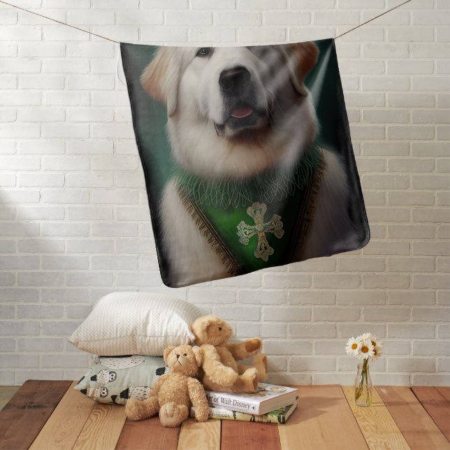 Great Pyrenees Dog in St. Patrick's Day Dress Baby Blanket (In Situ)