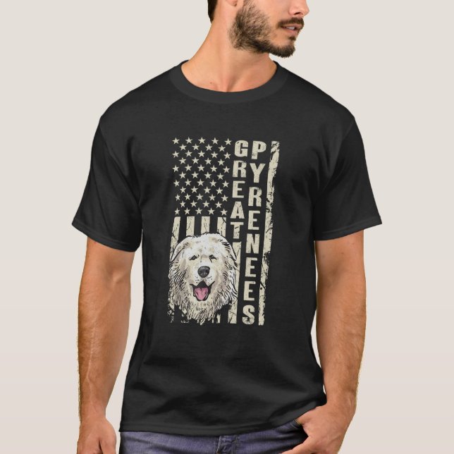 Great Pyrenees Dog Patriotic American Flag Pyrenee T-Shirt (Front)