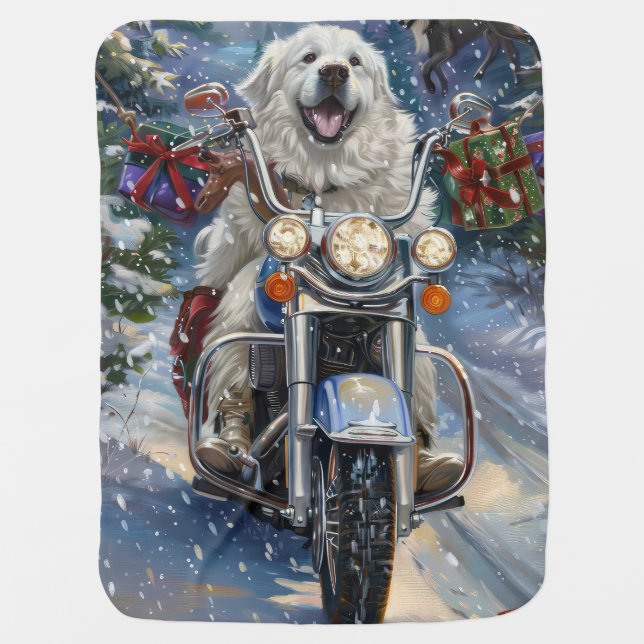 Great Pyrenees Dog Riding Motorcycle Christmas Baby Blanket (Front)