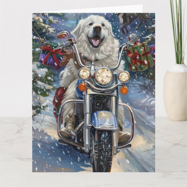 Great Pyrenees Dog Riding Motorcycle Christmas Card (Front)