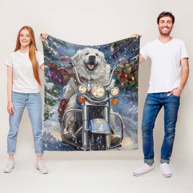 Great Pyrenees Dog Riding Motorcycle Christmas Fleece Blanket (In Situ)