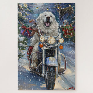 Great Pyrenees Dog Riding Motorcycle Christmas Jigsaw Puzzle