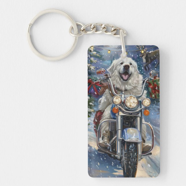 Great Pyrenees Dog Riding Motorcycle Christmas Keychain (Front)