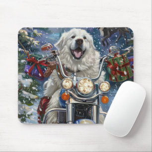 Great Pyrenees Dog Riding Motorcycle Christmas Mouse Pad