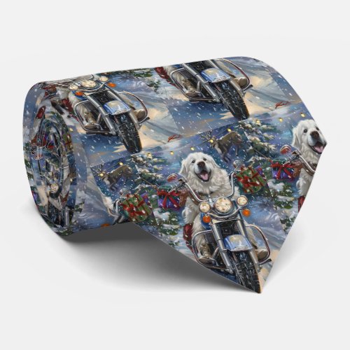 Great Pyrenees Dog Riding Motorcycle Christmas Neck Tie