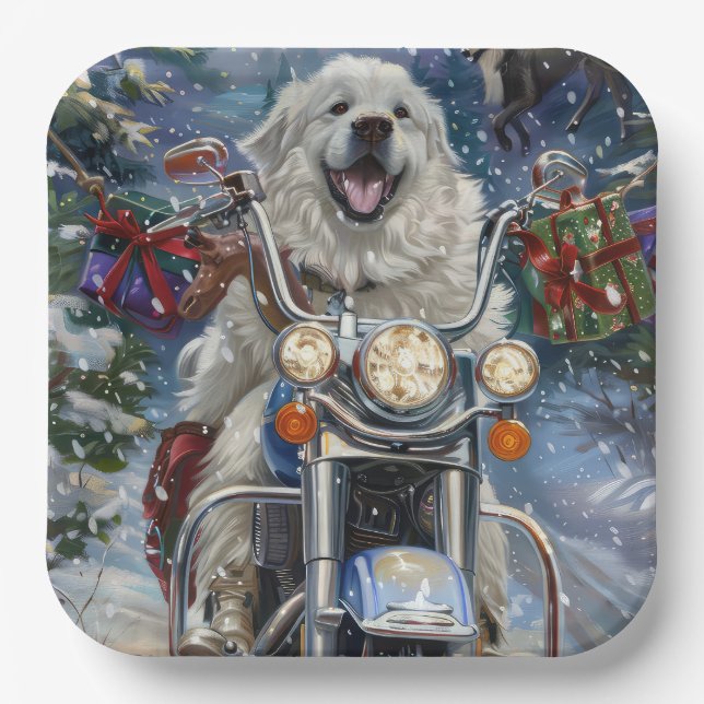 Great Pyrenees Dog Riding Motorcycle Christmas Paper Plates (Front)
