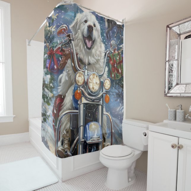 Great Pyrenees Dog Riding Motorcycle Christmas Shower Curtain (In Situ)