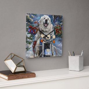 Great Pyrenees Dog Riding Motorcycle Christmas Square Wall Clock