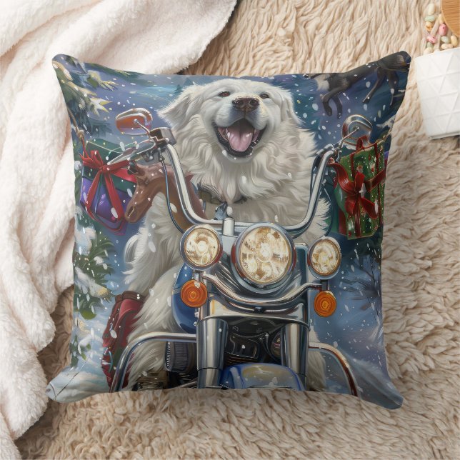 Great Pyrenees Dog Riding Motorcycle Christmas Throw Pillow (Blanket)