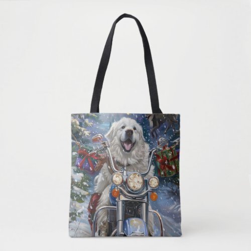 Great Pyrenees Dog Riding Motorcycle Christmas Tote Bag