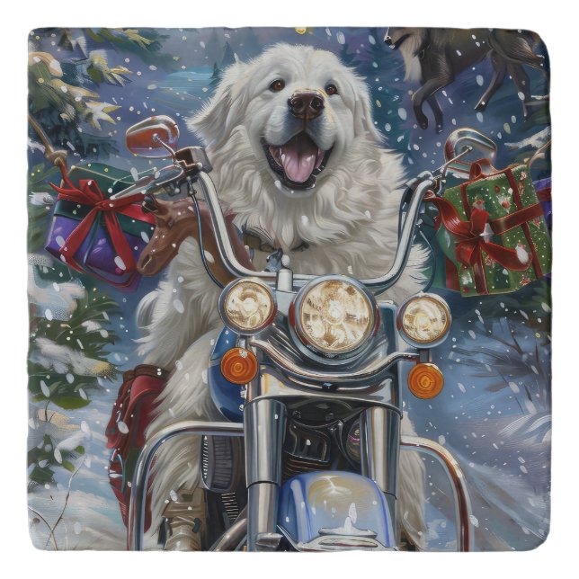 Great Pyrenees Dog Riding Motorcycle Christmas Trivet (Front)