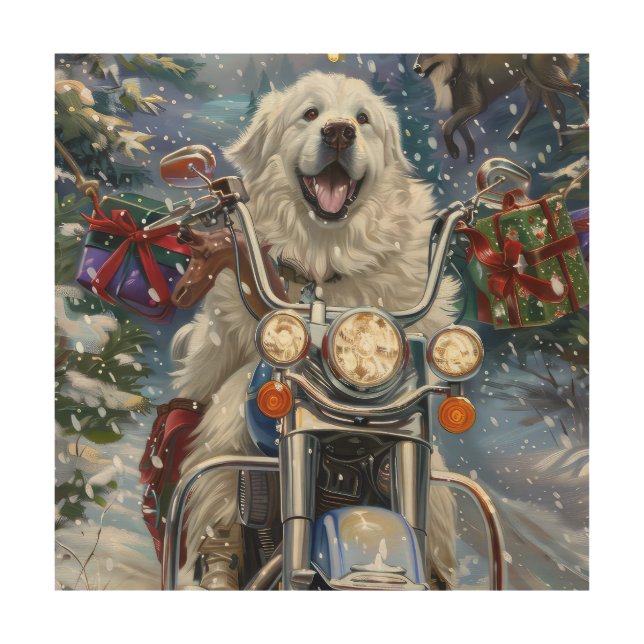 Great Pyrenees Dog Riding Motorcycle Christmas Wood Wall Art (Front)