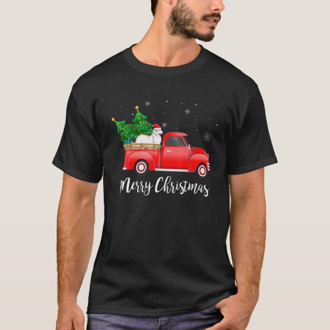 Great Pyrenees Dog Riding Red Truck Christmas T-Shirt (Front)