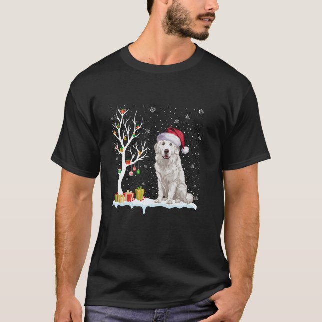 Great Pyrenees Dog Santa Hat Festive Tree Light Xm T-Shirt (Front)