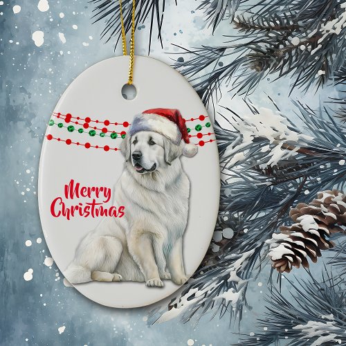Great Pyrenees Dog Santa Hat Holiday Beads Ceramic Ornament