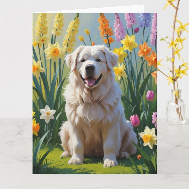 Great Pyrenees Dog Spring Flowers Painting Card (Yellow Flower)