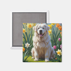 Great Pyrenees Dog Spring Flowers Painting Magnet