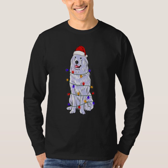 Great Pyrenees Dog Wearing Christmas Hat Lights T-Shirt (Front)