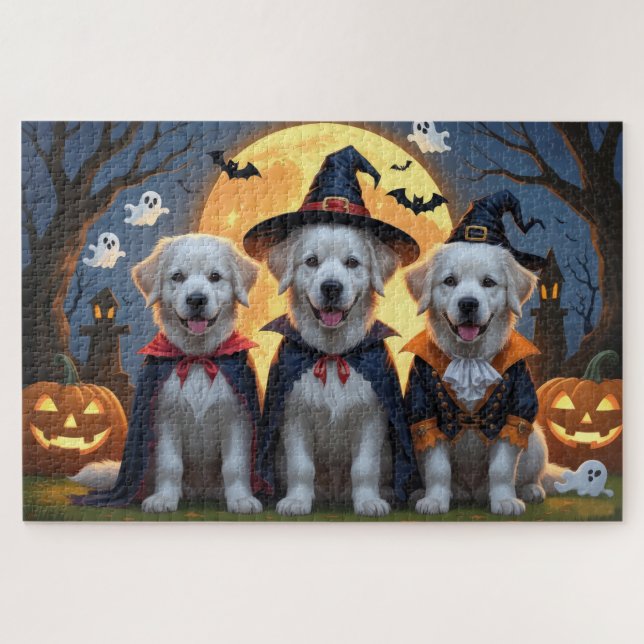 Great Pyrenees Dogs Pumpkin Halloween Funny  Jigsaw Puzzle (Horizontal)