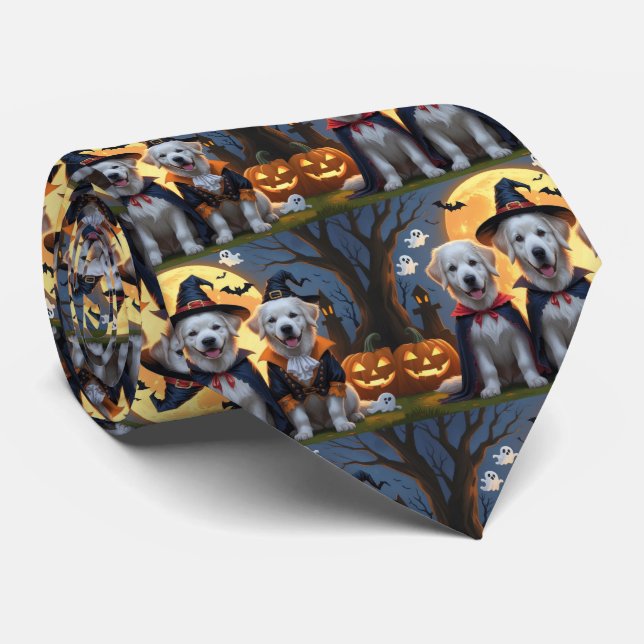 Great Pyrenees Dogs Pumpkin Halloween Funny  Neck Tie (Rolled)