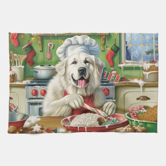 Great Pyrenees Holiday Baking: Festive Christmas Kitchen Towel (Horizontal)
