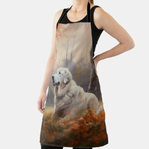 Great Pyrenees in Autumn Leaves Fall Inspire  Apron