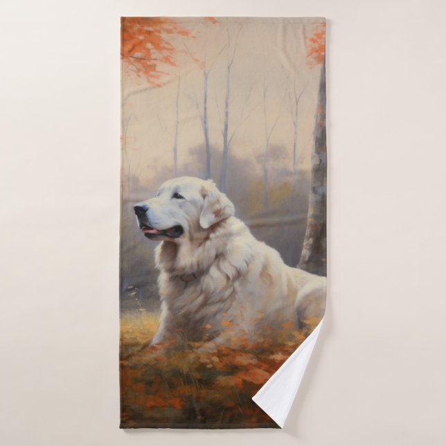 Great Pyrenees in Autumn Leaves Fall Inspire  Bath Towel Set (Bath Towel)