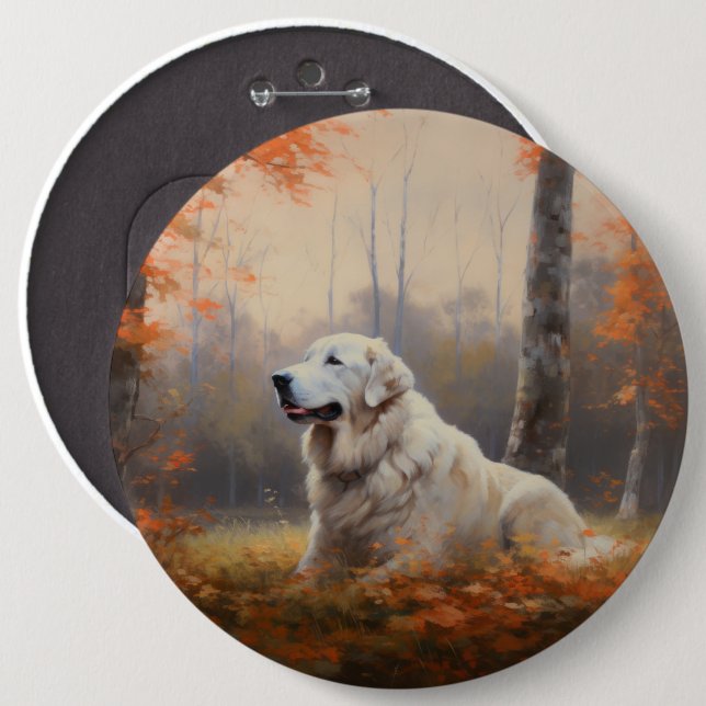 Great Pyrenees in Autumn Leaves Fall Inspire  Button (Front & Back)