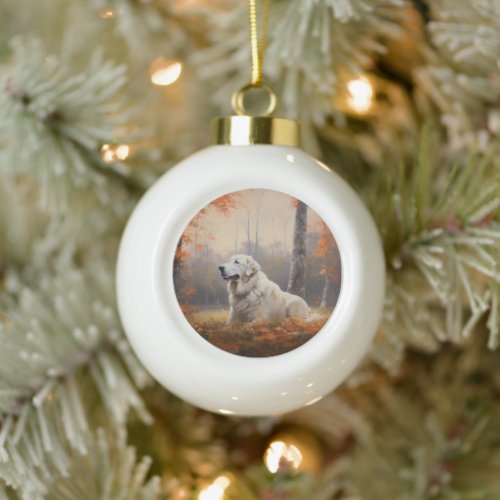 Great Pyrenees in Autumn Leaves Fall Inspire  Ceramic Ball Christmas Ornament