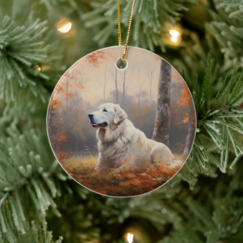 Great Pyrenees in Autumn Leaves Fall Inspire  Ceramic Ornament