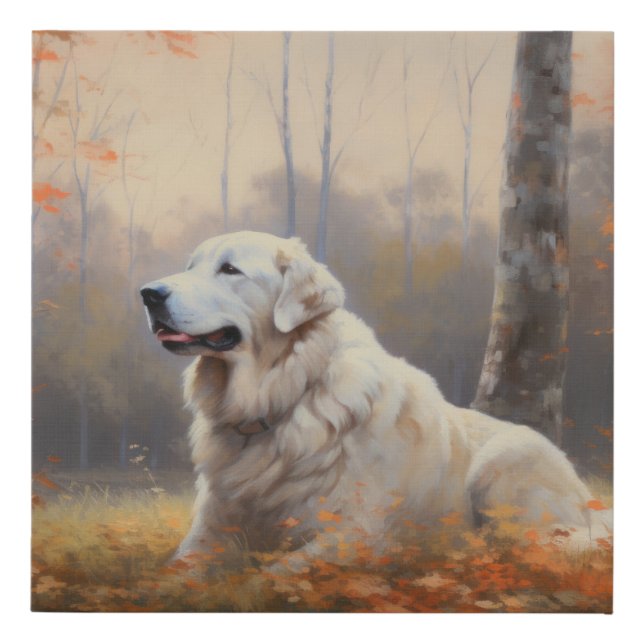 Great Pyrenees in Autumn Leaves Fall Inspire  Faux Canvas Print (Front)