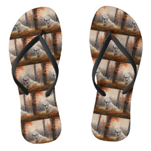 Great Pyrenees in Autumn Leaves Fall Inspire  Flip Flops