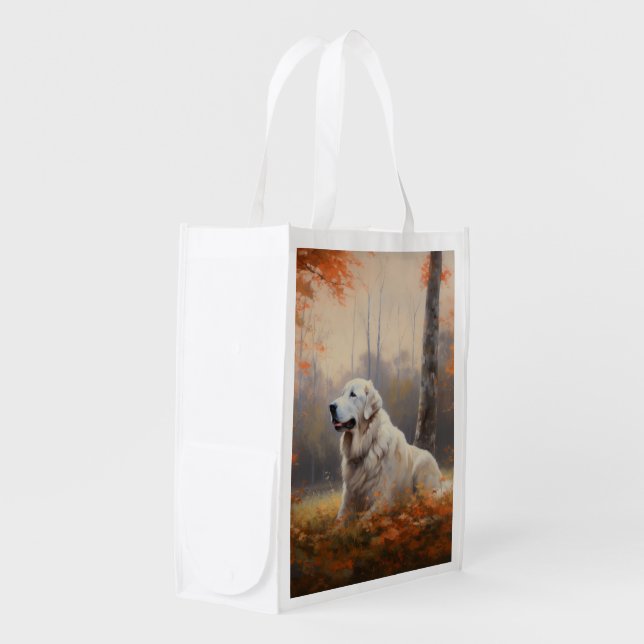 Great Pyrenees in Autumn Leaves Fall Inspire  Grocery Bag (Front Side)