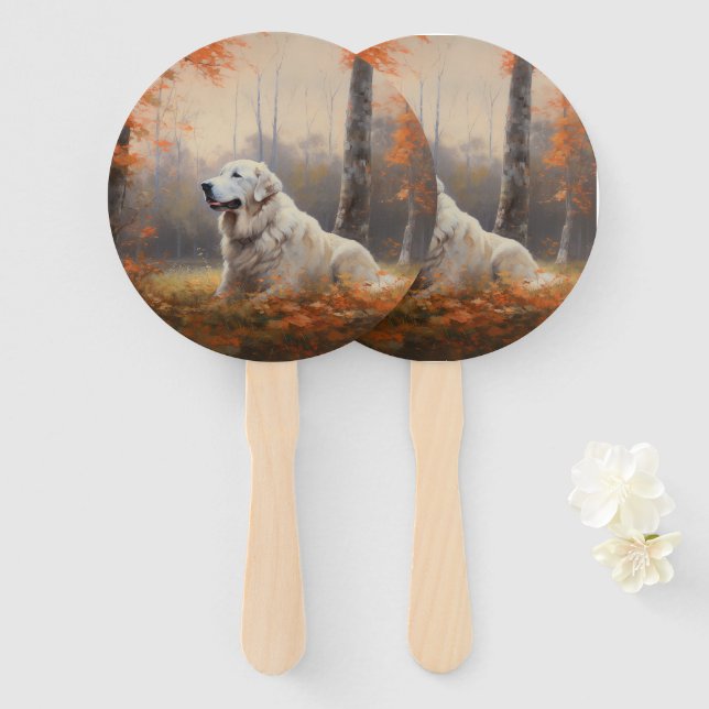 Great Pyrenees in Autumn Leaves Fall Inspire  Hand Fan (Front and Back)