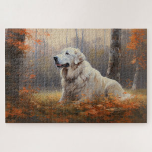Great Pyrenees in Autumn Leaves Fall Inspire Jigsaw Puzzle