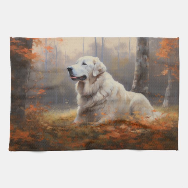 Great Pyrenees in Autumn Leaves Fall Inspire  Kitchen Towel (Horizontal)