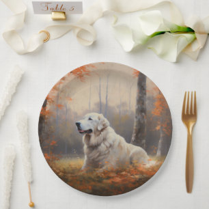 Great Pyrenees in Autumn Leaves Fall Inspire  Paper Plates