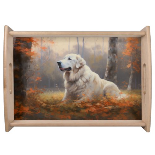 Great Pyrenees in Autumn Leaves Fall Inspire  Serving Tray