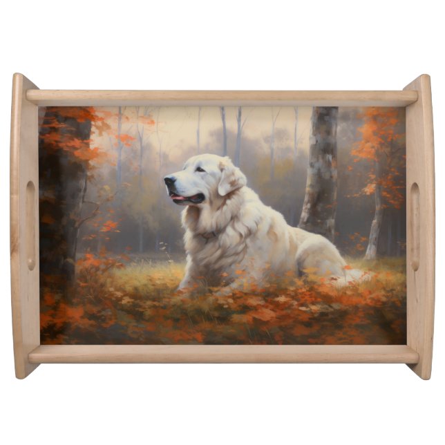 Great Pyrenees in Autumn Leaves Fall Inspire  Serving Tray (Front)