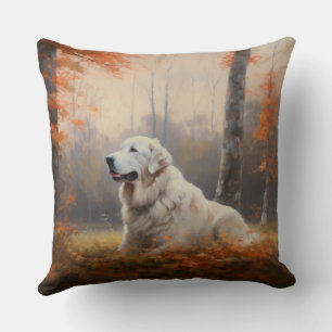 Great Pyrenees in Autumn Leaves Fall Inspire Throw Pillow