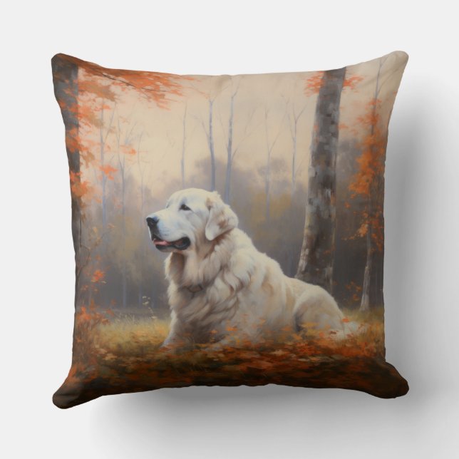 Great Pyrenees in Autumn Leaves Fall Inspire  Throw Pillow (Back)