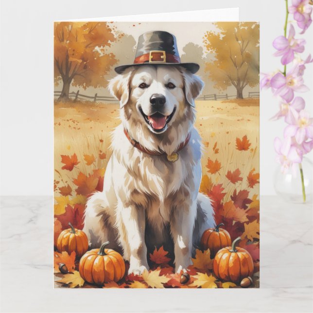 Great Pyrenees In Autumn Leaves Thanksgiving Art Card (Orchid)