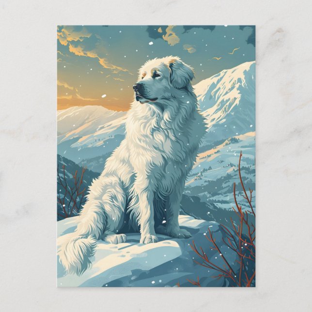 Great pyrenees in the snowy forest during sunset postcard (Front)