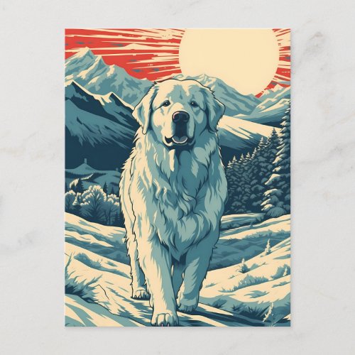Great_Pyrenees in thesnowy mountains at sunset Postcard